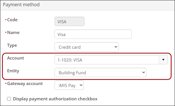 Defining the Account and Entity for a Payment method