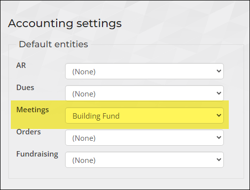 Defining the default financial entity for meetings from the Accounting settings.