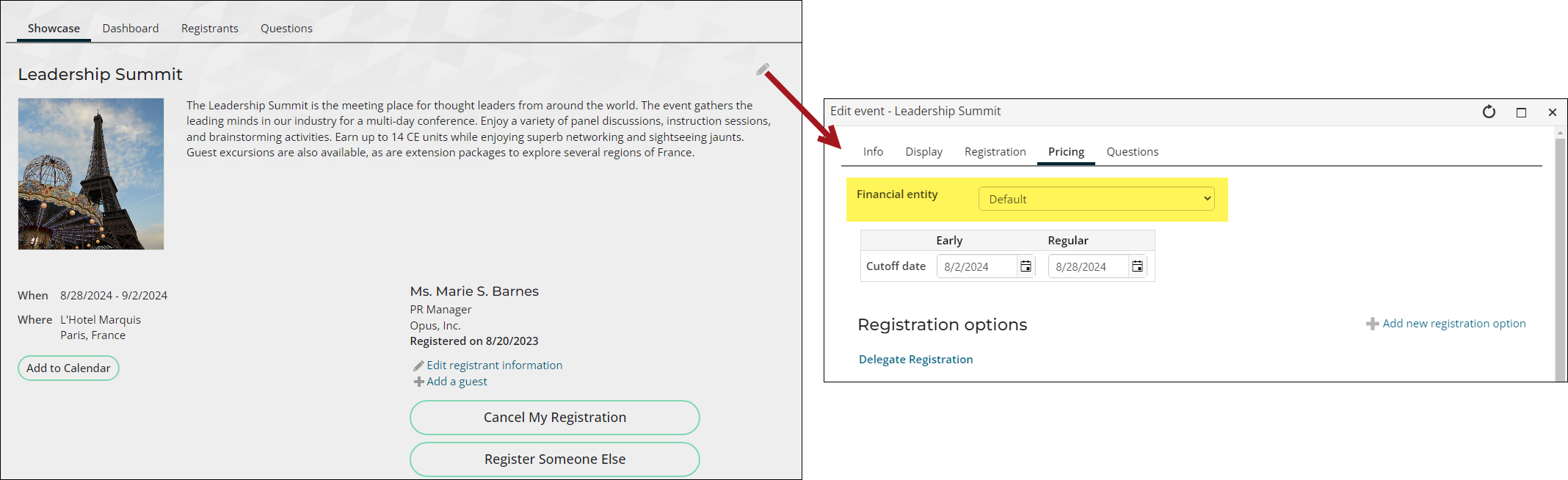 Editing the Pricing tab for an event, which contains the Financial entity setting.