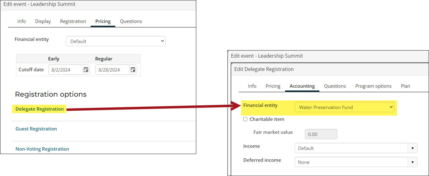 Editing the Accounting tab of a registration option, which contains the Financial entity setting.
