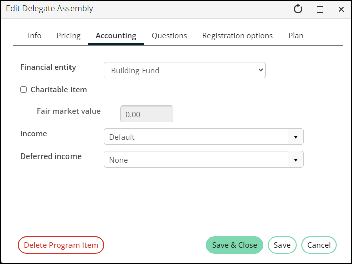 Viewing the Financial entity selected on the Accounting tab of a registration option or program item definition.