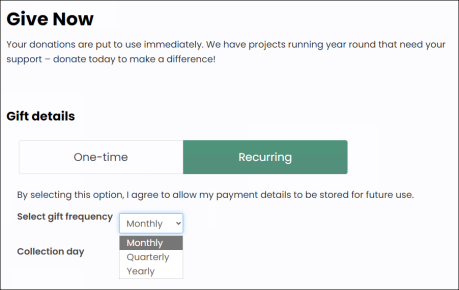 Selecting the gift frequency for a newly entered recurring gift