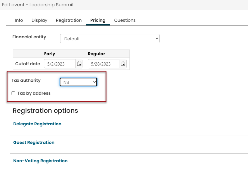 Setting the tax authority and tax by address options on the overall event