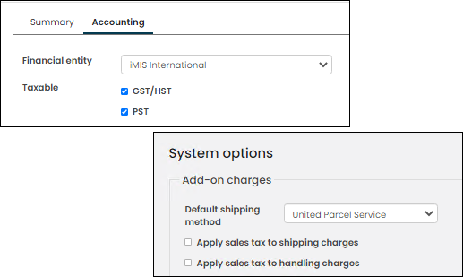 Product is configured with GST/HST and PST enabled. The system settings to charge tax for shipping and handling are disabled. 