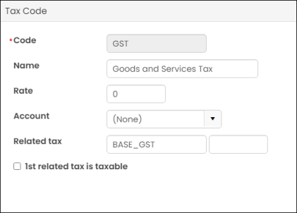 Illustrating the tax code window with a GST tax code configured