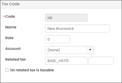 Illustrating the tax code window with a New Brunswick tax code configured