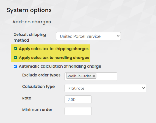 applying sales tax to shipping and handling charges in the system options