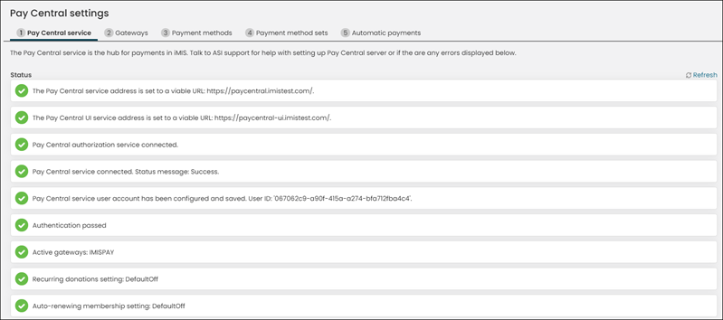 Confirming all status messages appear green from the Pay Central settings