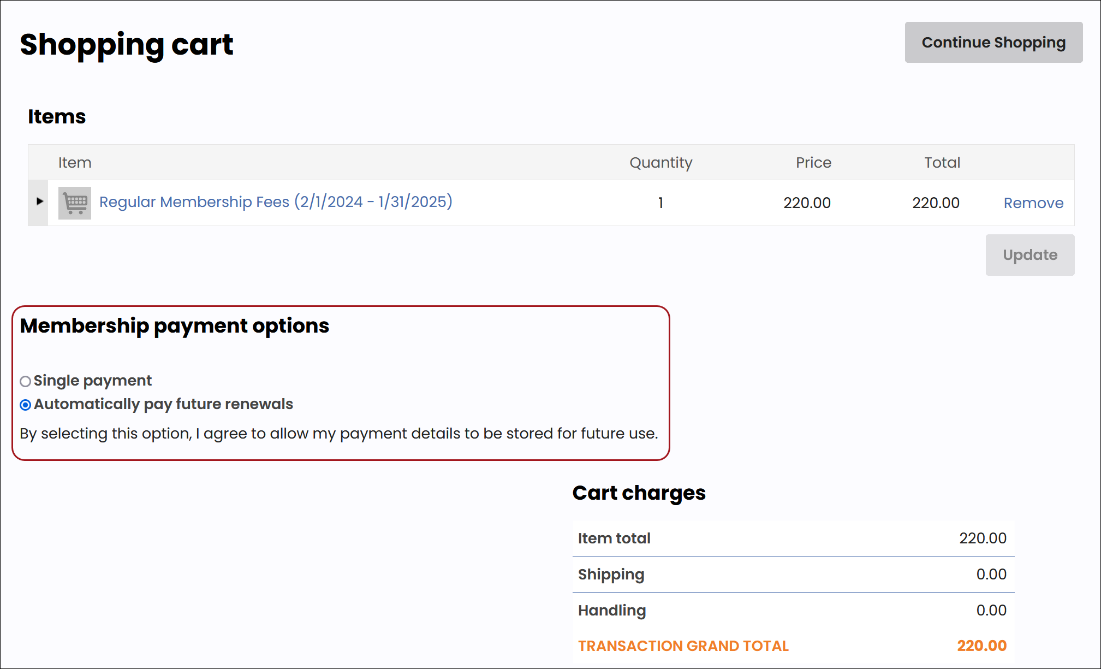 Choosing a membership payment option from the cart