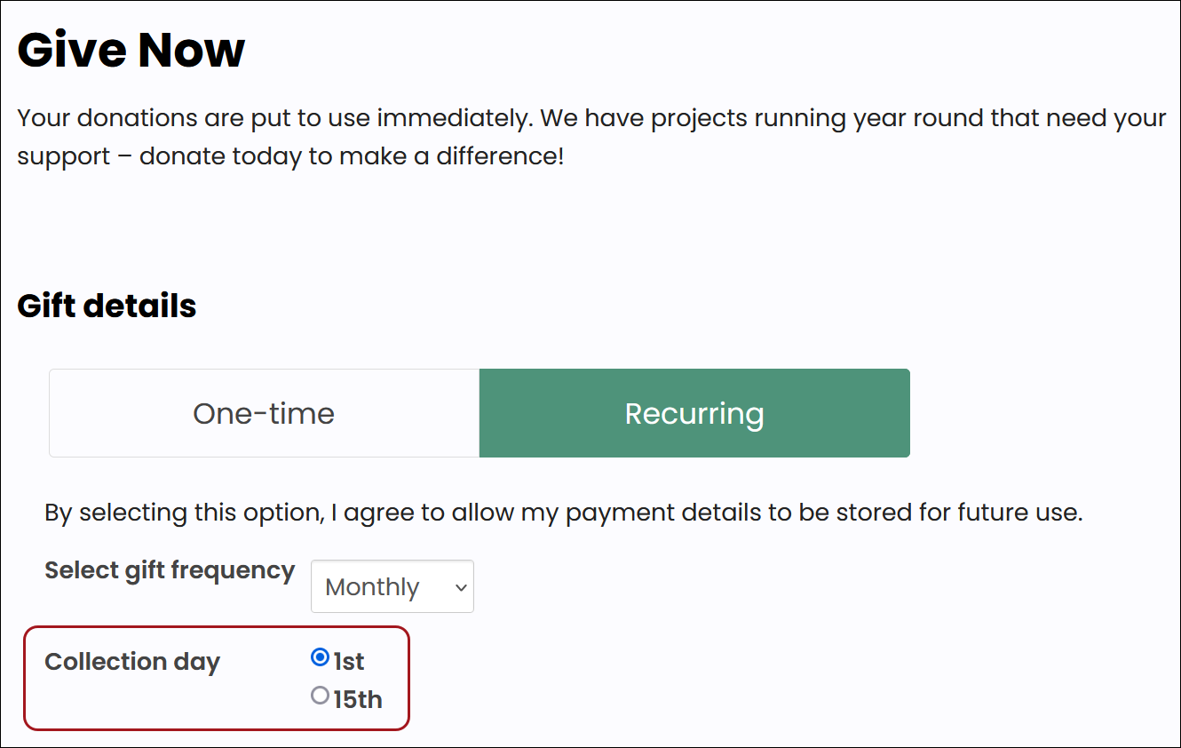Selecting a collection day for a recurring donation