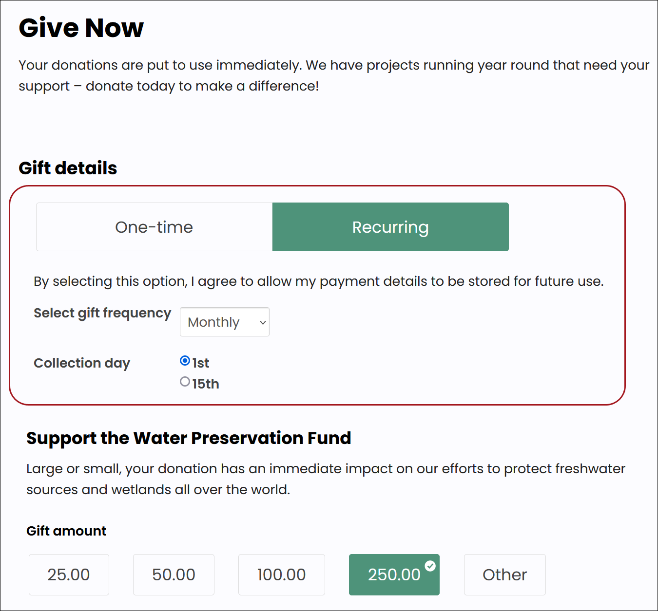 Setting up a recurring donation from the Give Now page