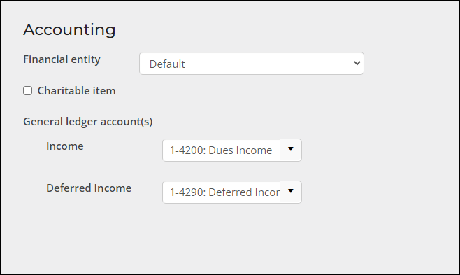 Viewing the Accounting options for a billing product, where the Income and  Deferred Income GL accounts are defined. 