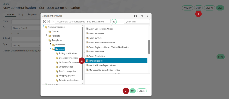 Opening the invoice notice template