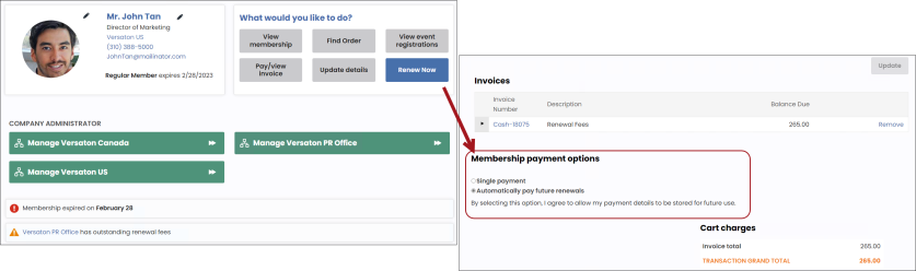 Clicking renew now from account page and choose recurring option in cart