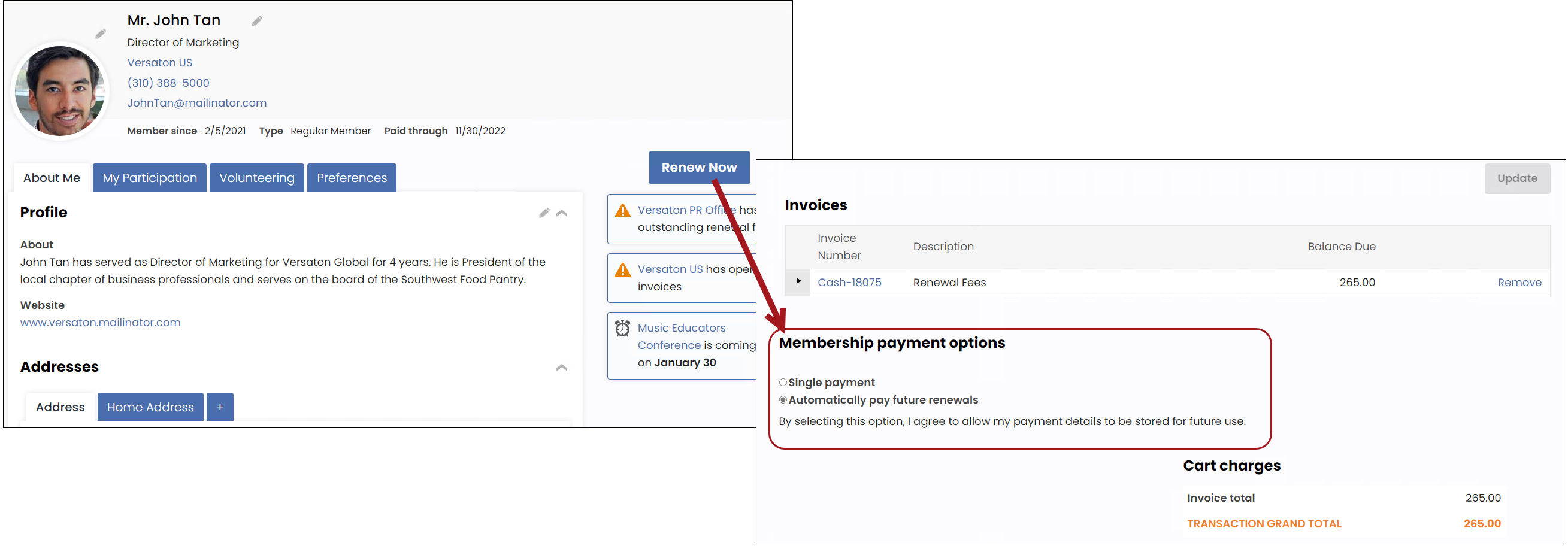 Selecting automatically pay future renewals from the cart when using Renew Now