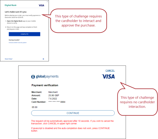 Two challenge windows. The first window requires the cardholder interact with and approve the purchase. The second window requires no carholder interaction.