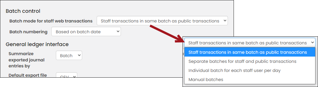 Selecting the Batch mode for staff web transactions from the Batch control settings