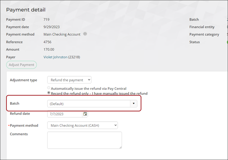 Choosing a batch from the payment detail window