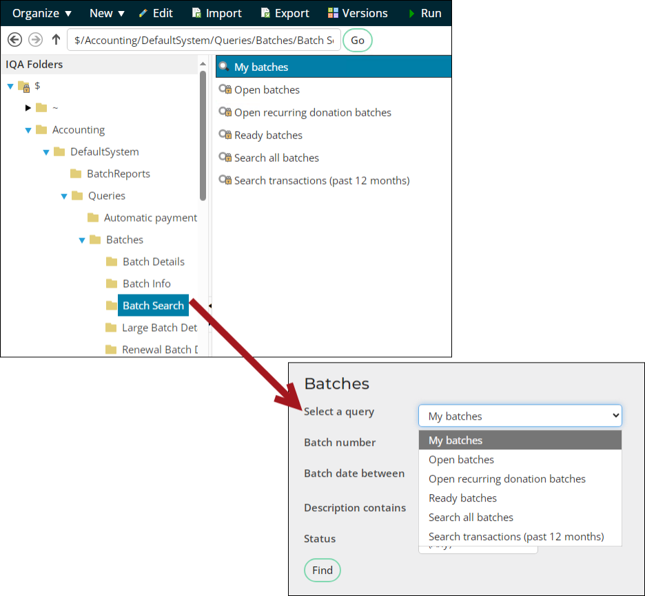 Selecting the My batches query from the Batches window