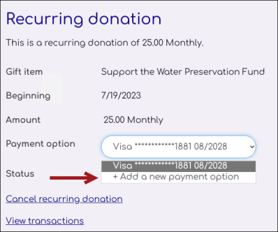 Adding a new payment option for a recurring donation