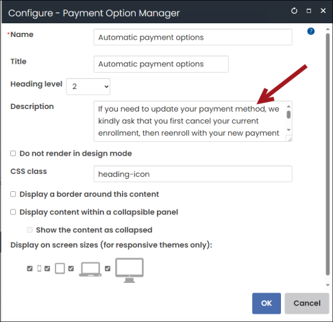 Adding a Description to the Payment Option Manager content item