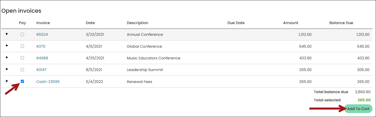 Adding an open invoice to the cart