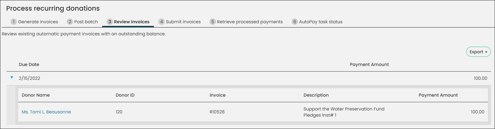 Viewing the Review invoices tab of the Process recurring donations window
