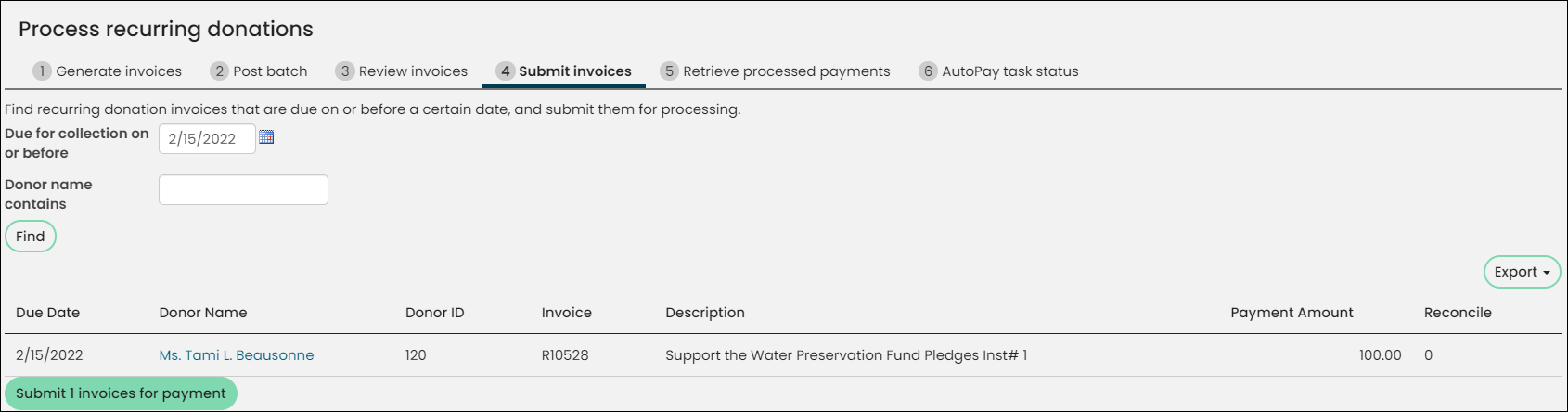 Finding invoices from the Submit invoices tab of the Process recurring donations window
