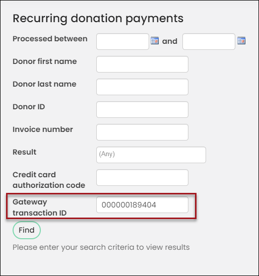 Finding recurring donation payments by Gateway transaction ID