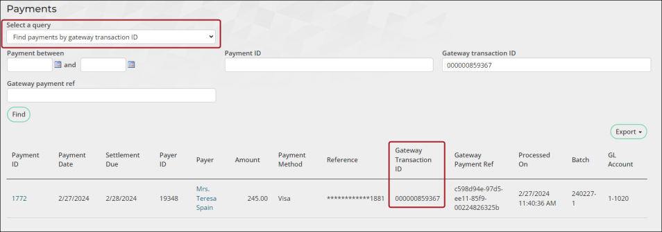 Finding payments by the gateway transaction ID