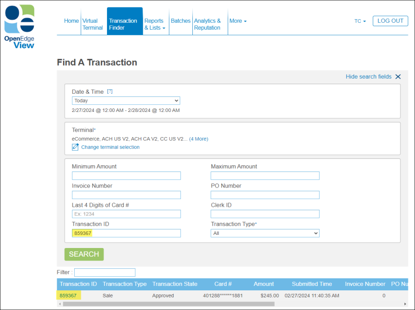 Searching in the open edge view portal using the gateway transaction ID