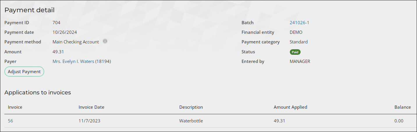 Viewing the payment detail window