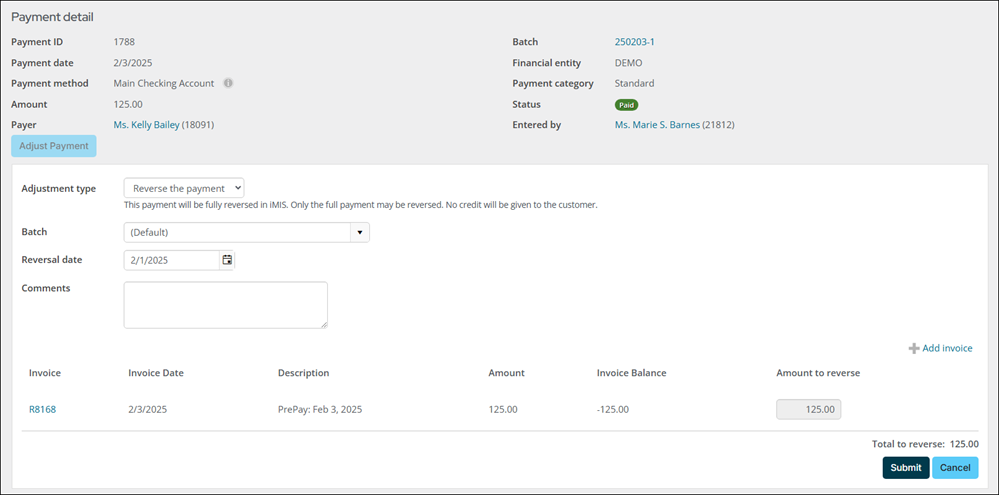 Reversing the payment from the payment detail window