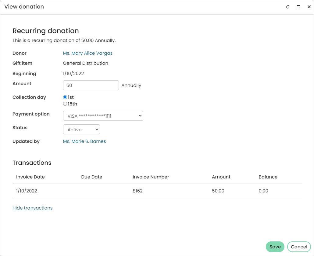 Viewing transactions for a recurring donation