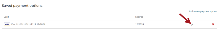 Clicking the edit icon for a saved payment option