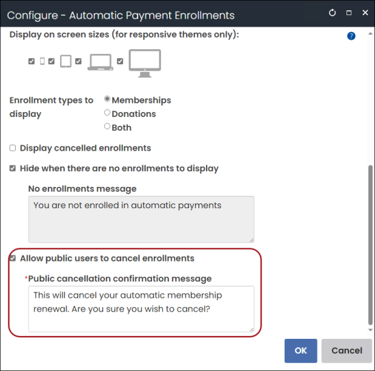 Enabling Allow public users to cancel enrollments and entering a Public cancellation confirmation message from the Automatic Payment Enrollments content item