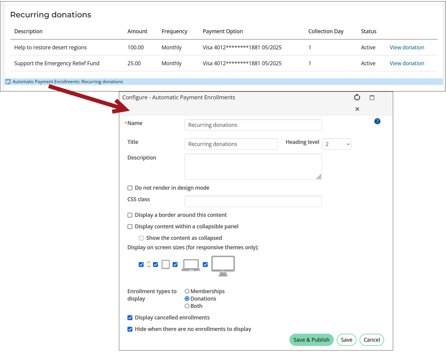 Configuring the Automatic Payment Enrollments content item