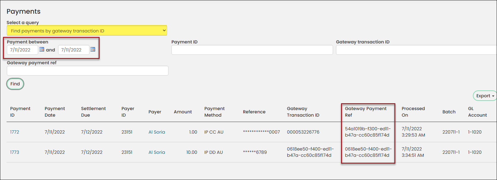 Using the gateway payment ref to find a payment