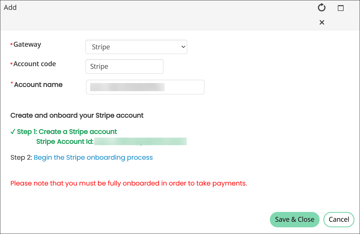 Selecting the begin the stripe onboarding process link