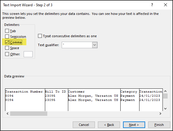 The second step of the Text Import Wizard displays options for delimiters. The Comma delimiter is selected.