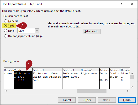 The final step of the Text Import Wizard, Step 3 of 3, presents options to set the data format for each column. The GL account column is selected in the Data preview and the Text option is selected for column data format,