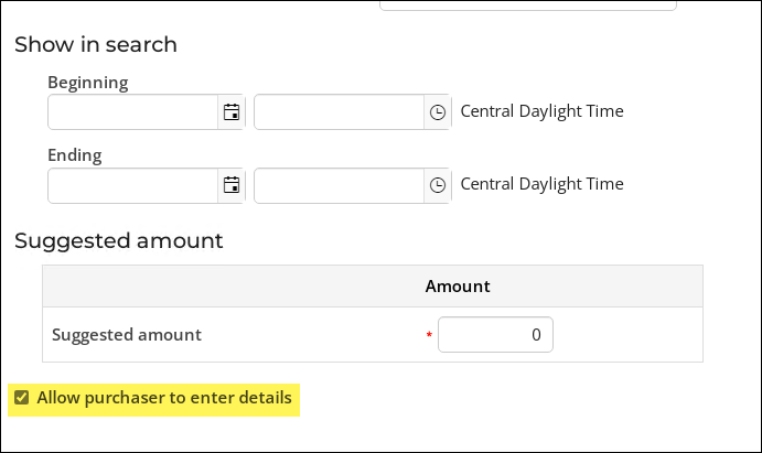 Highlighting the "Allow purchaser to enter details" checkbox