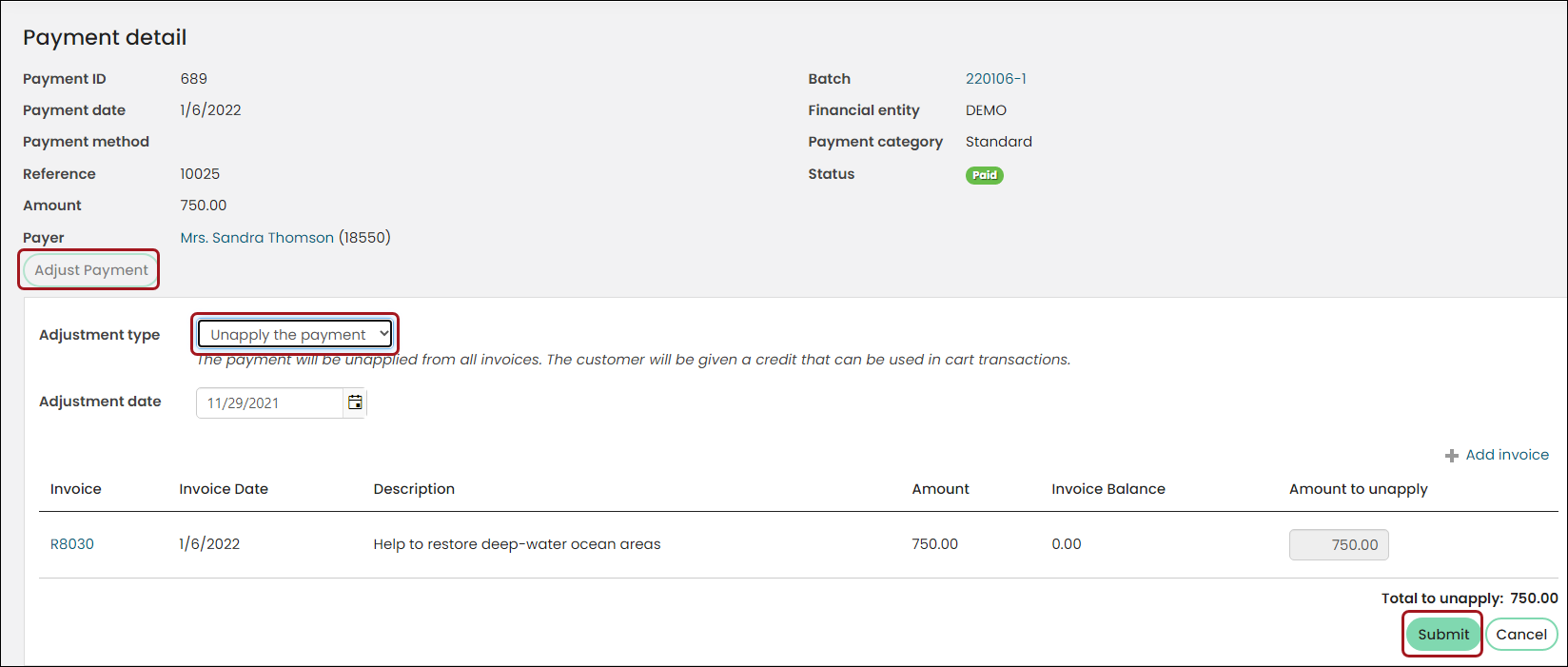 Payment detail with "Adjust Payment" selected and the adjustment type set to "Unapply the payment"