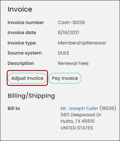 Invoice window with emphasis on the "Adjust Invoice" button