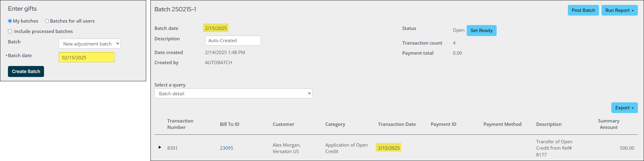 Enter gifts batch date appears in associated batch in the transaction date column for related transactions