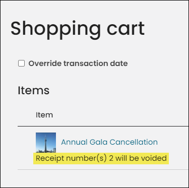 Message in the cart that states associated receipts will be voided