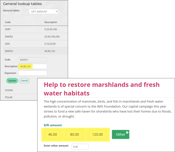 Editing the gift amount general look up table with values and then showing what the values look like on give now page