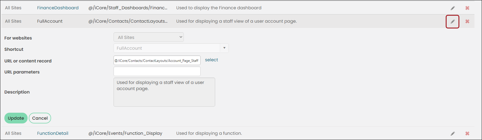 Editing the Full Account shortcut