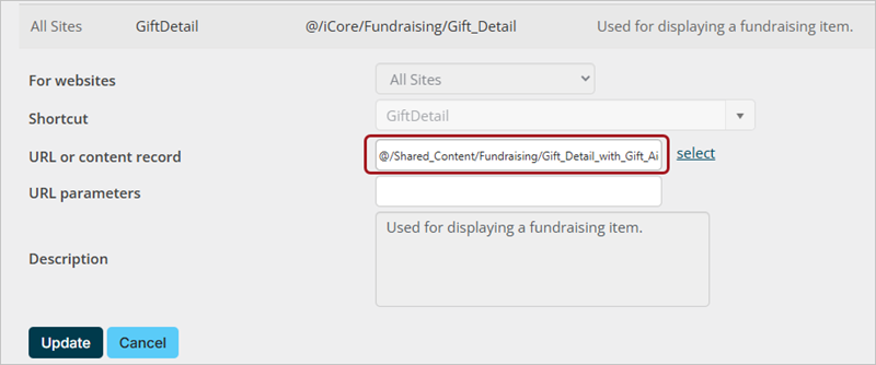 Gift Detail shortcut in edit mode with emphasis around the URL or content record field