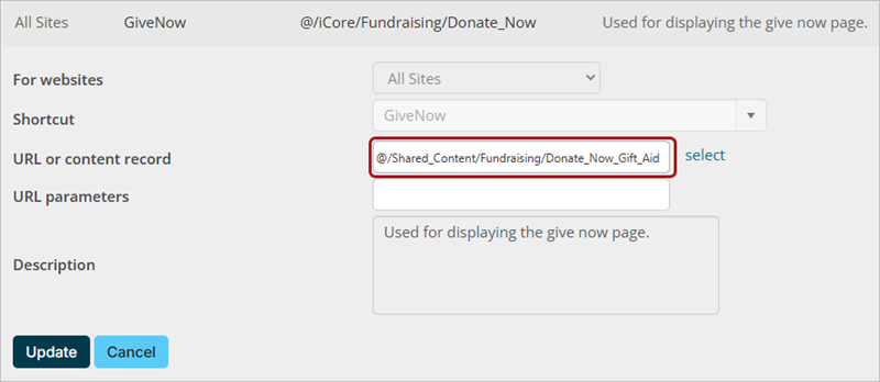 Give Now shortcut in edit mode with emphasis around URL or content record field